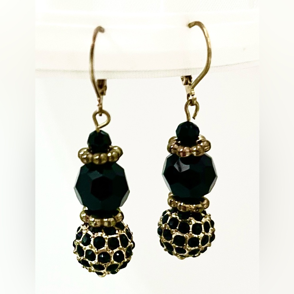 Vintage Black & Gold Beaded Filigree Dangle Earrings